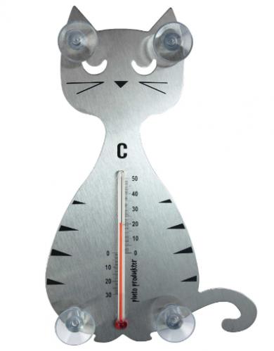 Termometer sittande kattmotiv silvrig