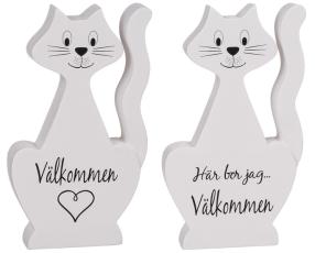 Träkatt vit med text Välkommen