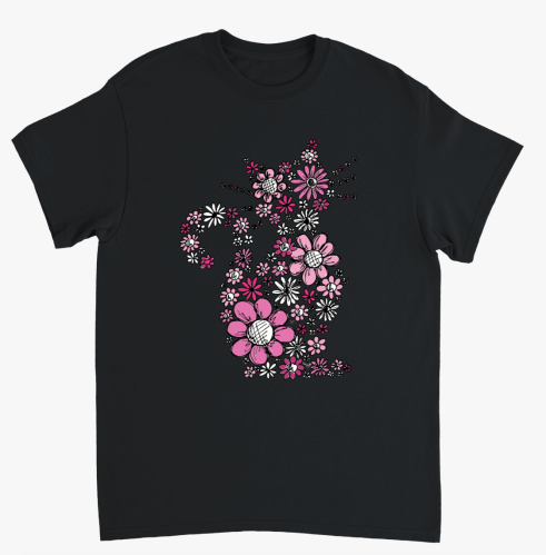 Svart t shirt med tryck blommig katt