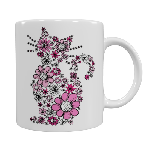 Mugg med katt motiv, rosa blommor