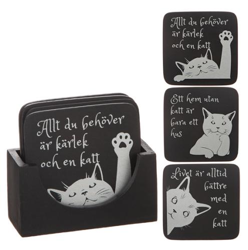 Glasunderlägg kattmotiv 4-pack SVART